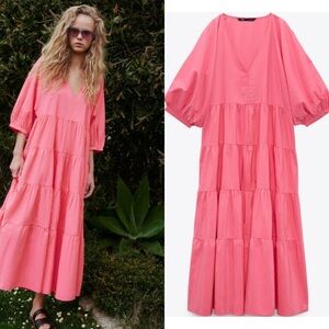ZARA Flowy Pink Maxi Tiered Poplin Dress